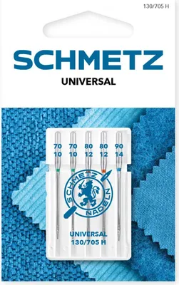 A package of Schmetz universal sewing machine needles with various sizes displayed.