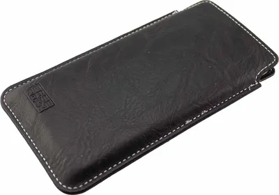 A black leather phone case with white stitching, lying on a white background.