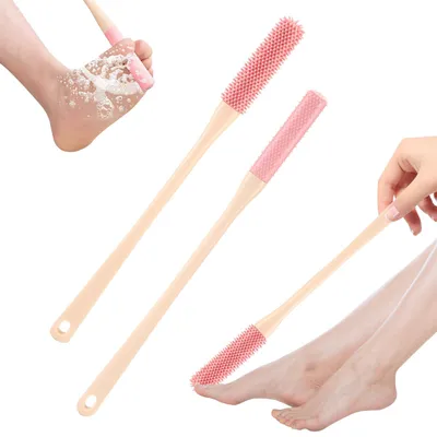 Produktbild von Silikon-Fußwaschbürste (2 Stück), Duschbürste mit langem Griff, Fußduschbürste für die Dusche mit langem Griff, Fußduschbürste für Senioren (rosa)