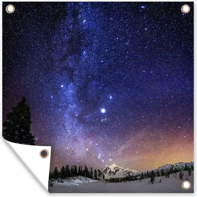 Produktbild von MuchoWow® 100x100 cm Outdoor-Poster Gartendeko Sichtschutz Garten Poster für den Garten  Sternenhimmel - Schnee - Berg