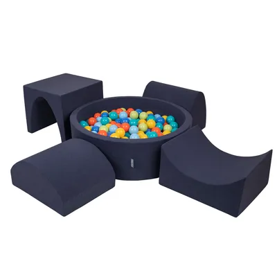 Obrázok produktu pre KiddyMoon Mäkké penové ihrisko pre deti s guľatým loptičkovým ihriskom (200 ∅ 7 cm) s mäkkými prekážkami a loptičkovým bazénom,  vyrobené v EÚ, Tmavomodrá:Svetlo zelená/Orange/Tyrkysová/M