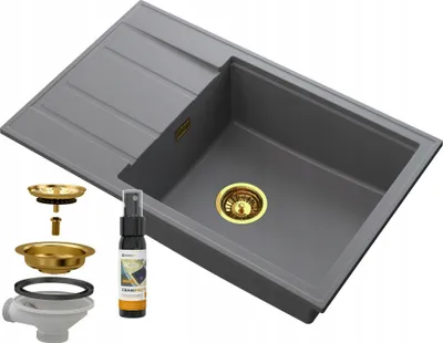Produktbild von Granitan | Granitspüle LOUIS - 800 x 500 mm - Grau - Mit Abtropffläche und Gold-Siphon