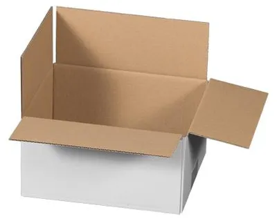 An open cardboard box with a white exterior and brown interior, shown against a white background.