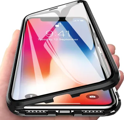 Image de coque iPhone X, coque en verre trempé avec adsorption magnétique, cadre en métal, coque de protection complète pour iPhone X Noir