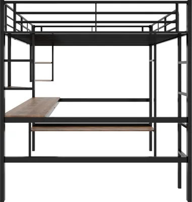 A black metal loft bed with a wooden desk and shelves, shown against a white background.
