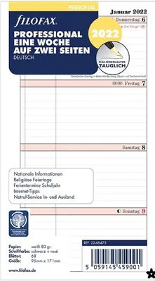Produktbild von Filofax Kalendereinlage Personal 95 x 171 mm : Professional Eine Woche auf zwei Seiten 2022 deutsch