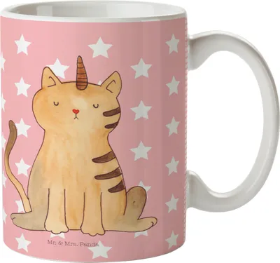 Produktbild von Mr. & Mrs. Panda Pott Einhorn Katze - Rot Pastell - Geschenk, Regenbogen, Glitzer, Plastikbecher, Kindertasse, Trinklernbecher, Reisebecher, Unicorn, Mieze, Deko, Haferl