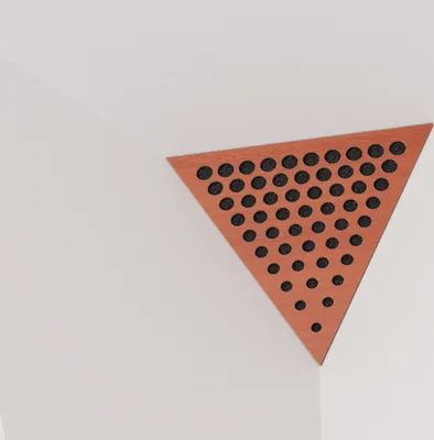 Zdjęcie produktu dla Zestaw 6 sztuk trójkątnych basowych pułapek "Triangle-ROUNDS" wykonanych z materiału akustycznego, z perforowaną, laminowaną płytą HDF | 42x42x42 cm | Trójkątne, piramidowe basowe pułapki | Kolor: Kirsza