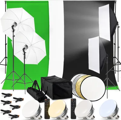 Zdjęcie produktu dla Zestaw do studia fotograficznego PIXETOOL - zielony ekran ze statywem (3m x 3m) - softbox z półprzezroczystą parasolką - tło fotograficzne 3X - odbłyśnik - streaming gier