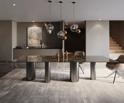 Produktbild von DELIFE Esstisch Edge 300x100 Keramik Emperador Extra Lucidato Dunkelbraun Pilier Edelstahl Graphit