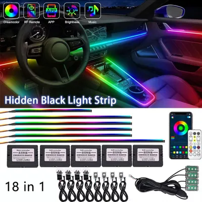 Zdjęcie produktu dla Oświetlenie ambientowe LED RGB sterowane aplikacją, zestaw oświetlenia wnętrza "Symphony" 18 w 1, listwy LED z trybem muzycznym, do wnętrz samochodów osobowych