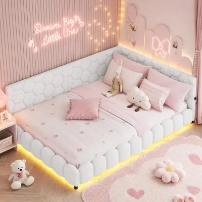 Obrázok produktu pre INONEFT čalúnená posteľ 140x200 cm s LED osvetlením a USB portmi, rozkladacia pohovka, dvojlôžková posteľ, posteľ pre mládež s roštom, hosťovská posteľ, posteľ na denné používanie, vlnené vlákna, biela farba