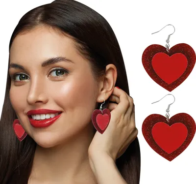 Imagen del producto de Aretes con forma de corazón para Carnaval, accesorios románticos, detalles en rojo, diseño brillante, elegantes complementos, piezas de joyería creativas, detalles elegantes, color: rojo