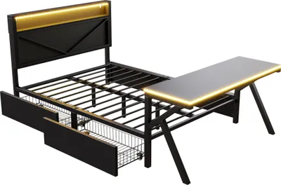 Produktbild von MODFU Bettgestell Jugendbett 140x200 mit LED-Kopfteil und LED-Schreibtisch,Plattformbett mit 2 Schubladen für Jugendzimmer Schwarz,ohne Matratze