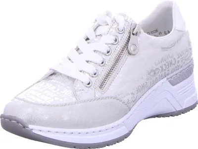 A single white sneaker with metallic accents and a zipper is shown against a white background.