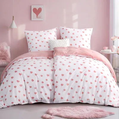 Produktbild von Bettwäsche-Set 135x200cm 4-teilig mit Herzen Weiß Rosa Mikrofaser mit Reißverschluss