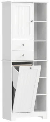 Obrázek produktu pro Skříňka do koupelny s košem na prádlo, 2 zásuvkami a 6 přihrádkami. Barva: bílá. Rozměry: 60 x 28,8 x 171 cm