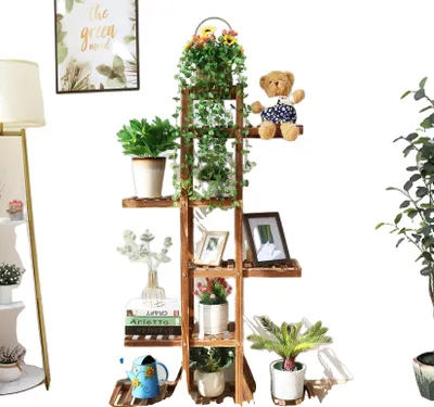 Image de Support pour plantes en bois, 6 niveaux, bois carbonisé