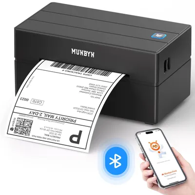 Produktbild von MUNBYN DHL Etikettendrucker Bluetooth, Label Printer 4x6 Versandetiketten Drucker, Thermodrucker Labeldrucker für Shopify, Etsy, DHL, DPD, GLS, UPS, mit 25 Etiketten, Ohne Tinte, 130B Schwarz