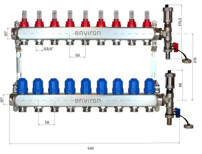 Obrázek produktu pro Rozdělovač pro topný okruh, 9 okruhů, 476 mm, nerezová ocel, bez ventily