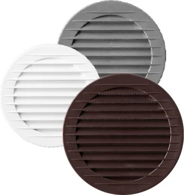 Three round ventilation grilles in different colors (white, gray, and brown) are arranged in a cluster against a white background.
