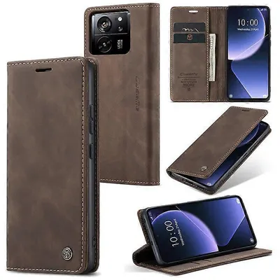 Collage of a brown leather phone case for a Xiaomi phone, showing different angles and configurations.