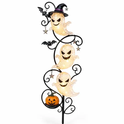 Produktbild von Halloween Gartenstecker Geist mit LED Lichterkette, Metall Garten Deko, Außen Dekoration für Rasen, Beet, Terrasse & Halloween Party