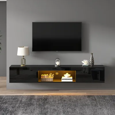 Image de Meuble suspendu pour télévision, dimensions 160x31x22 cm, avec éclairage LED, pour téléviseurs de 70 pouces, capacité de 35 kg, couleur noire