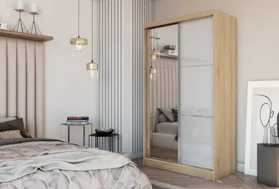 Obrázok produktu pre AGMAT Viva šatníková skriňa s posuvnými dverami, Šatníková skriňa s 2 dverami a zrkadlom, Moderná šatníková skriňa vo farbe: Sonoma / Biela, Šatníková skriňa vo veľkosti: 120 x 216 x 61 cm