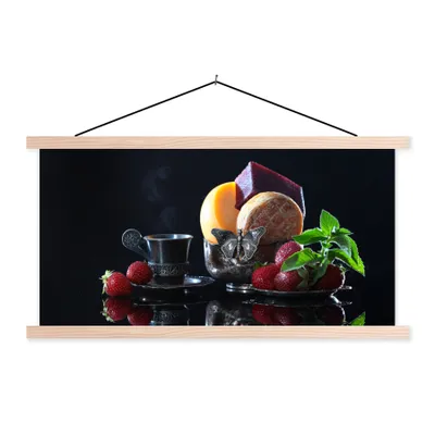 Produktbild von MuchoWow® Textilposter Rustikal - Obst - Käse - Tisch - Stilleben 120x60 cm mit holzfarbenen Rahmen - Klemmleiste