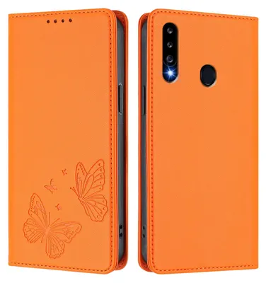 Produktbild von Lederhülle für Samsung Galaxy A20S, Schmetterling Prägung Leder Brieftasche Schutzhülle mit Ständer Orange