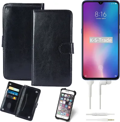 Produktbild von K-S-Trade 360° Hülle kompatibel mit Xiaomi Mi 9 inkl. Headphones schwarz Kunstleder Case BookCase WalletCase Kunstlederederhülle Handyhülle,
