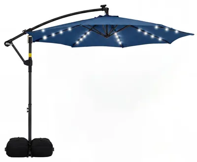 Produktbild von KOMFOTTEU 300 x 300 cm Sonnenschirm, Ampelschirm mit Ständer, LED-Leuchten, 360°-drehbar & Kurbel, Terrassenschirm belüftet, Marktschirm mit Sandsäcken für Garten, Balkon und Pool