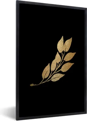 Produktbild von MuchoWow® MuchoWow® Gerahmtes Poster Blätter - Gold und Schwarz - Zweig 40x60 cm - Poster mit zchwarzem Bilderrahmen - Papierdruck - Wandbilder