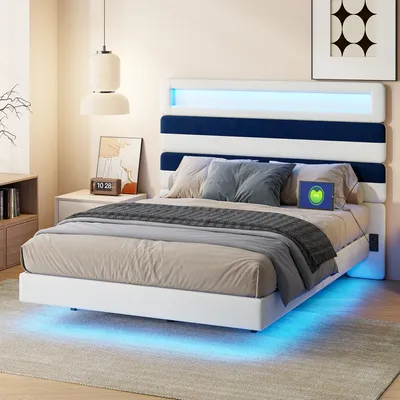 Obrázek produktu pro Čalouněná postel 140x190 cm s USB, postel pro mládež, manželská postel s LED, sametová, bílá a modrá
