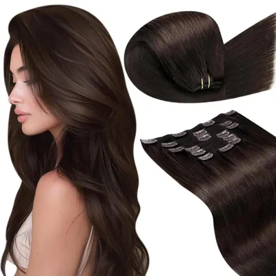 Immagine prodotto di Clip-in per extension, capelli naturali, color marrone scuro, 120g, set da 7 elementi, doppia treccia, lunghezza 45 cm, tonalità #2