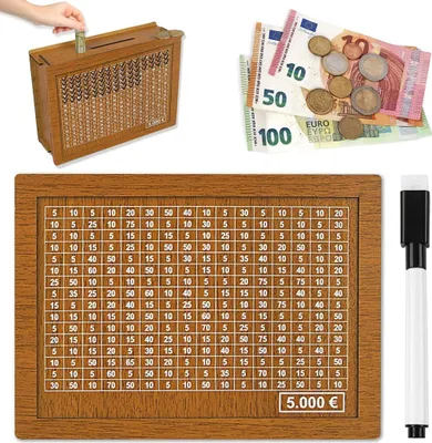 Produktbild von Spardose aus Holz, Retro Sparbüchse Aufbewahrungsbox, Sparbox, Spardose Kinder-Sparziel, Sparschwein mit Marker, Wiederverwendbare Spardose mit Sparziel und Zahlen zum ankreuzen