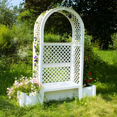 Produktbild von Gartenbank NYVIGreen 2-Sitzer 174x49x207 cm mit Pflanzkästen & Rosenbogen & Spalier - Sitzbank aus wetterfestem & recyceltem Kunststoff, Farbe:Weiß