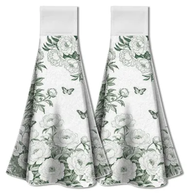 Imagen del producto de Toallas de cocina estilo chinoiserie, color verde, 2 unidades, 34,5 x 31,5 cm, con lazada para colgar