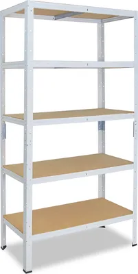 A white metal shelving unit with five wooden shelves against a white background.