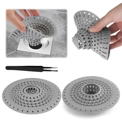 Immagine prodotto di Set di 3 setacci in silicone grigio da 12,5 cm per scarichi, con pinzette per la pulizia