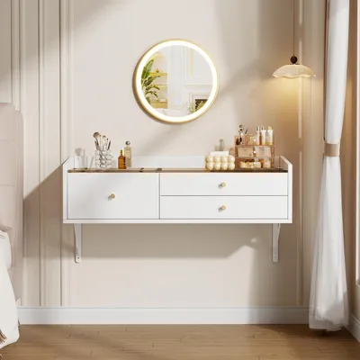 Immagine prodotto di Comò da parete, dimensioni 100x40x48 cm, colore bianco, realizzato in pannello di particelle di legno al 100%, dotato di specchio con illuminazione a LED, 3 cassetti e vani portaoggetti, ideale per la camera da letto