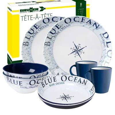 Produktbild von BRUNNER Camping Geschirr Set 2 Personen | Anti-Slip | Tete a Tete BLUE OCEAN, 8-Teilig