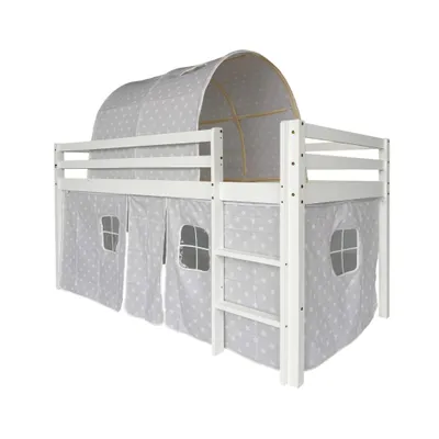 Produktbild von Kinderbett Hochbett (ohne Matratze) 90x190 cm , aus weissem Kiefernholz mit Baumwollzelt, Spielbett mit Schutzgelaender und Leiter