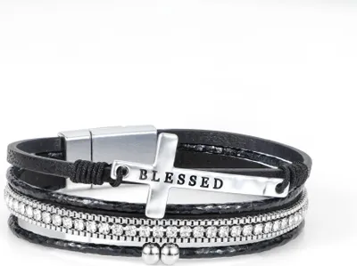 Produktbild von Schwarzes Boho-Armband mit Kreuz und Zirkonia, mehrlagig