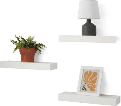 Image de Étagères murales en bois blanc - 40 x 12,5 x 4,5 cm - Lot de trois - pour la décoration murale et le rangement