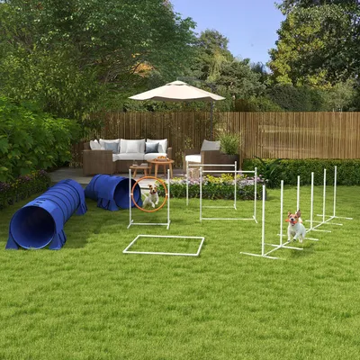 Zdjęcie produktu dla PawHut Dog Agility Set, 7-częściowy zestaw do szkolenia psów z płotkami agility o regulowanej wysokości, plecionymi drążkami, pudełkiem do przerywania, tunelem, kółkiem do skakania, podłączanym zestawem płotków z gwizdkiem i torbą transportową