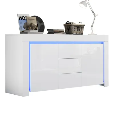 Produktbild von 140*40*65cm Wohnzimmerschrank,Moderne Kommode mit 3 Schubladen,2 Türen,Hochglanz Beistellschrank mit LED-Lichtleiste,Sideboard mit Stauraum