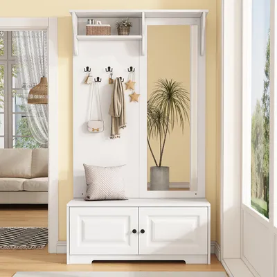Image de Meuble de rangement de 100 x 40 x 180 cm, avec miroir, 5 crochets, 2 compartiments et étagère. Porte-manteau pour entrée avec armoire à chaussures