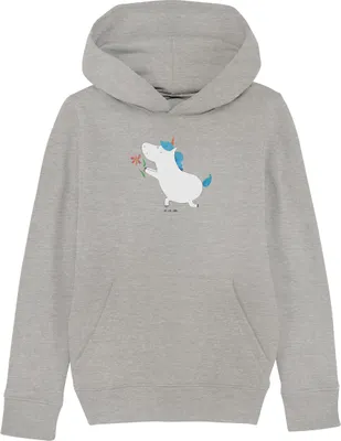Produktbild von Mr. & Mrs. Panda Kinderpullover Einhorn Blume 5-6 Jahre (110/116) - Heather Grey - Geschenk, Unicorn, Kapuzenpullover, Sweater, Hoodie, Freundin, Partner, Liebe, Pullover
